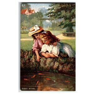 Raphael Tuck Oilette Postcard - Girls Feeding Goldfish, Sunny Hours No. 9508